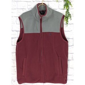 CLASSY🔥Brooks Brothers Vest Men L Maroon Grey Full Zip Fleece Sleeveless Pocket